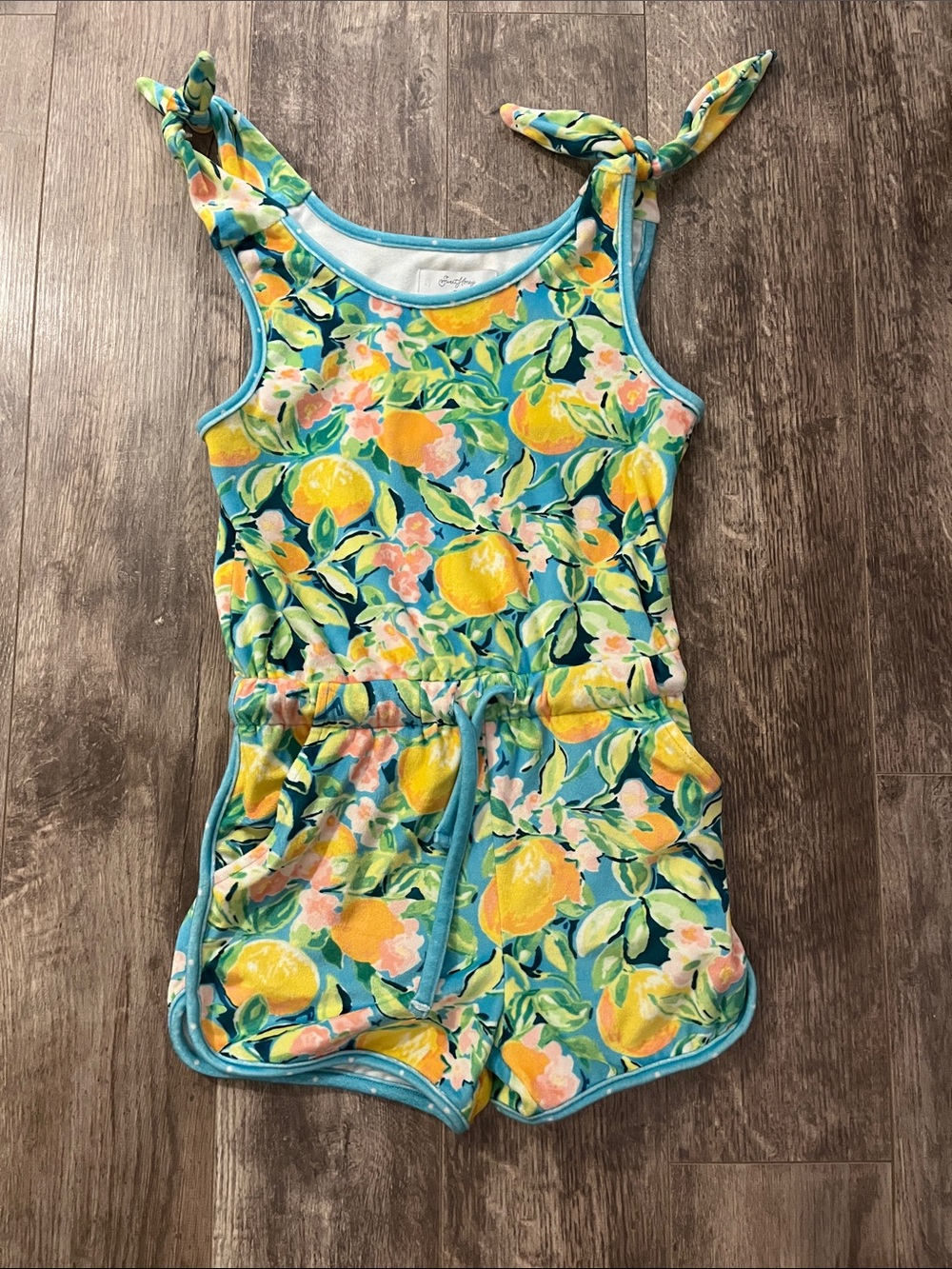 SweetHoney Turquoise Lemon-Print Tank Romper Size 8Y